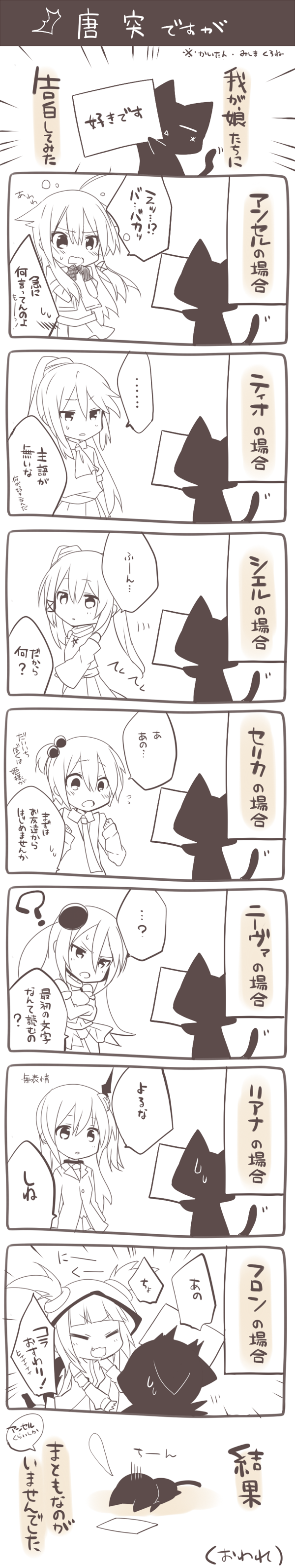... ? absurdres anceril_sacred blush cat comic crossed_arms gloves hair_bobbles hair_ornament highres long_hair long_image mishima_kurone monochrome open_mouth original short_hair smile sweatdrop tall_image translation_request