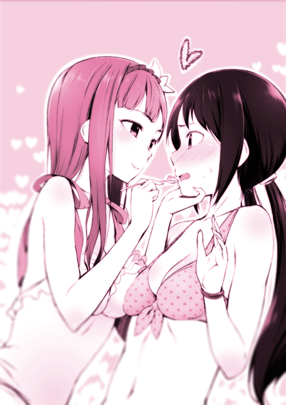 2girls bikini blush breasts cleavage collarbone feeding flower frills hair_ornament hairband heart idolmaster idolmaster_cinderella_girls long_hair mizumoto_yukari mound_of_venus multiple_girls nakano_yuka navel open_mouth short_twintails smile spoon sweatdrop swimsuit twintails u_(the_unko)