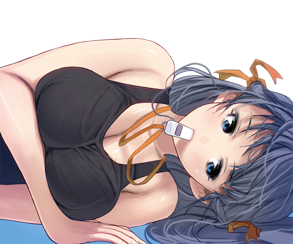 1girl bare_shoulders blue_background blue_eyes blue_hair breasts cleavage gradient gradient_background large_breasts long_hair looking_down masao original school_swimsuit solo swimsuit whistle white_background