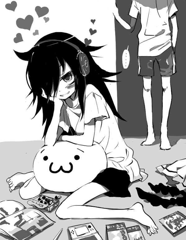 artist_request blush cd_case clothes_on_floor elbow_rest hand_on_own_cheek head_out_of_frame headphones heart indoors jewelry kuroki_tomoki kuroki_tomoko magazine mushroom necklace nintendo_ds shorts smile socks_removed stuffed_animal stuffed_toy t-shirt watashi_ga_motenai_no_wa_dou_kangaetemo_omaera_ga_warui!