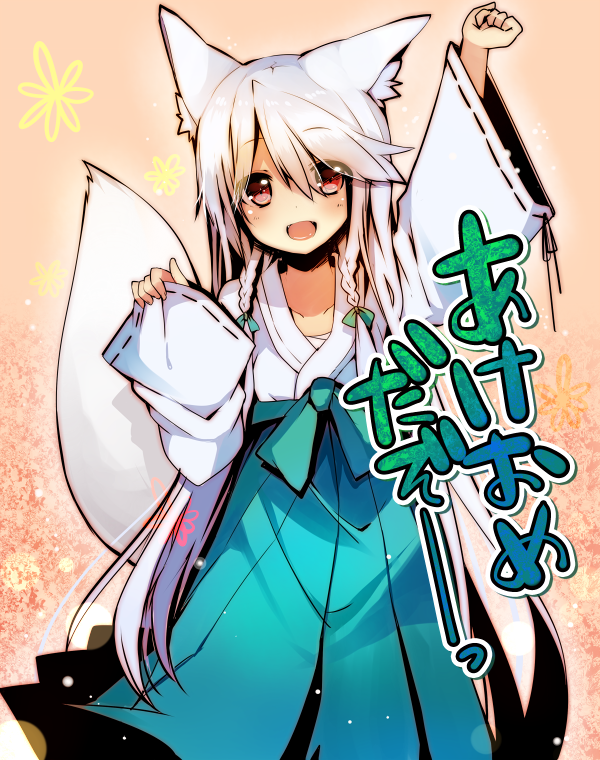 1girl animal_ears blush fox_ears fox_tail japanese_clothes long_hair looking_at_viewer miko mishima_kurone smile solo tail translation_request very_long_hair white_hair
