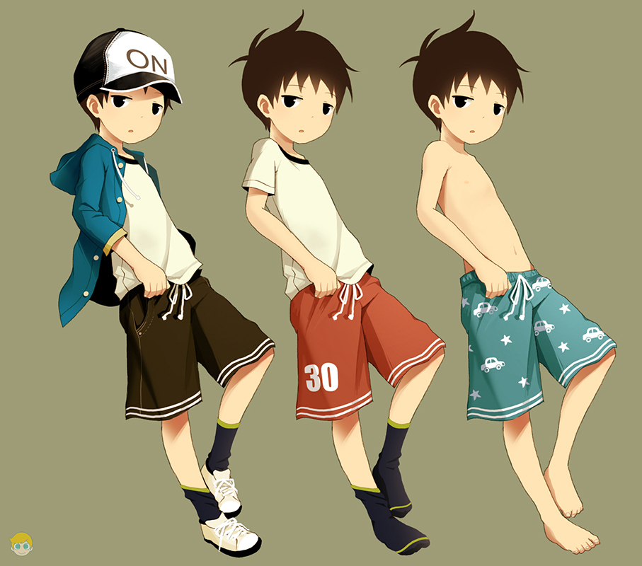 1boy barefoot black_eyes brown_hair hooded_jacket looking_at_viewer male mauveboy navel nipples no_shoes open_clothes open_jacket open_mouth original shirtless short_hair simple_background socks solo