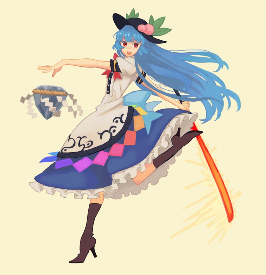 1girl blue_hair boots food fruit hat high_heels hinanawi_tenshi jean_(artist) keystone long_hair open_mouth peach red_eyes skirt smile solo sword_of_hisou touhou weapon