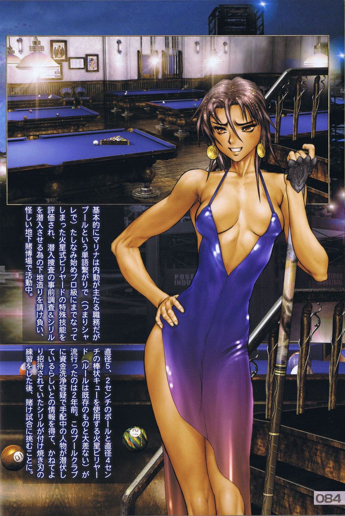 1girl billiards brown_hair coin cue_stick dress earrings fingerless_gloves galgrease galhound gloves highres jewelry marina_hayami pool_table shirou_masamune skinny smile solo