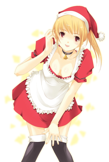 apron bell blonde_hair blush breasts choker christmas dasoku_sentarou hat kneehighs leaning_forward long_hair original red_eyes santa_hat skirt smile thigh_highs thighhighs