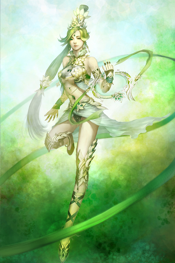 bare_shoulders breasts chakram green green_eyes green_hair hair_ornament high_ponytail jewelry knee_pads leg_ribbon long_hair midriff ornate ponytail solo under_boob underboob weapon wristband xenjo_online youshun_(naturaljuice)