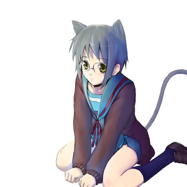 amber_eyes bow cardigan cat_ears chiyo_(artist) glasses grey_hair knee_highs nagato_yuki nekomimi school_uniform seifuku short_hair skirt suzumiya_haruhi_no_yuuutsu tail uniform