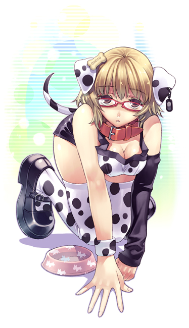 animal_ears blush breast_squeeze breasts collar dalmatian dog_ears dog_tail doggirl ear_tag glasses hirano_katsuyuki original short_hair tail thigh_highs thighhighs