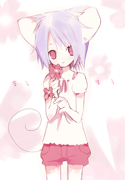 animal_ears blush flower loli looking_at_viewer mouse_ears mouse_girl original purple_hair red_eyes short_hair shorts solo tail