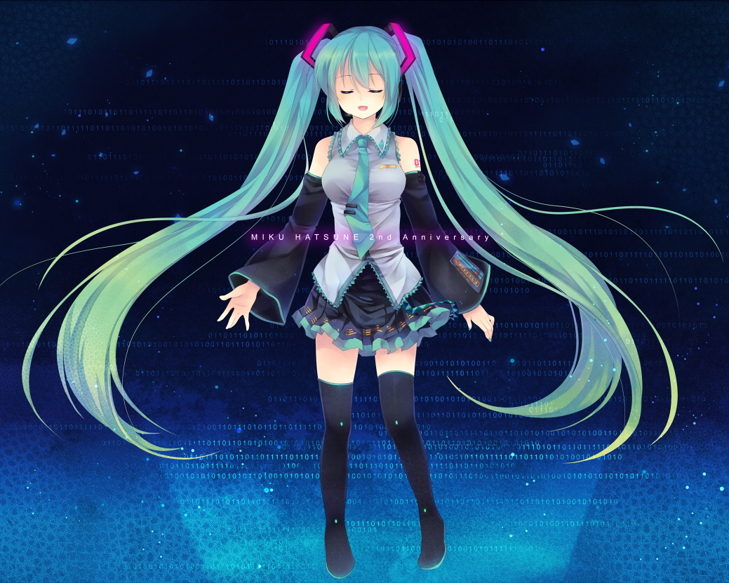 aqua_hair closed_eyes detached_sleeves hatsune_miku headphones legs long_hair necktie shinia solo thighhighs twintails very_long_hair vocaloid