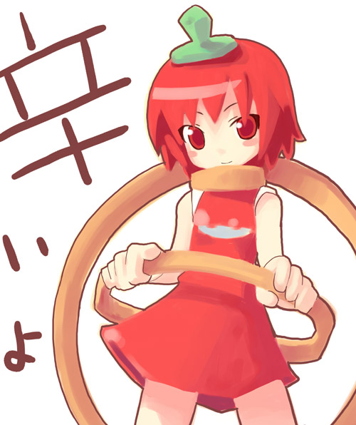 blush blush_stickers dress habanero habanero-tan hat holding hoop hula_hoop loli looking_at_viewer red_dress red_eyes red_hair short_hair simple_background skirt sleeveless smile solo white_background