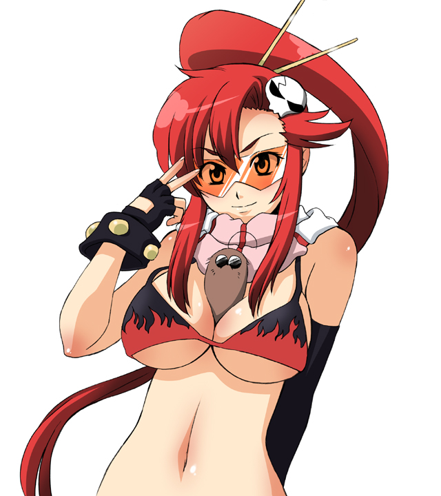 between_breasts bikini_top boota breasts chopsticks cleavage fingerless_gloves fire gloves large_breasts long_hair midriff navel ponytail red_hair scarf single_elbow_glove single_glove skull smile sunglasses tengen_toppa_gurren_lagann underboob v very_long_hair yoko yoko_littner