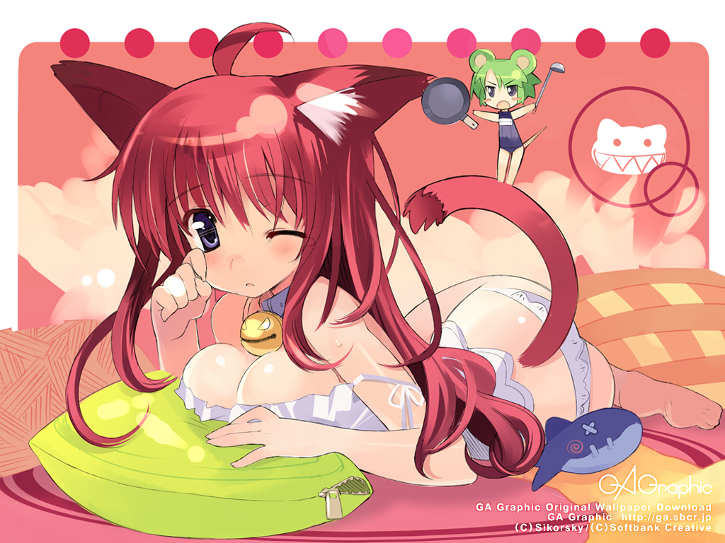 1girl ahoge animal_ears bell blue_eyes blush breast_press breasts camisole cat_ears cleavage collar female gagraphic green_hair large_breasts long_hair lying nekomimi nezumimimi panties pillow pink_hair red_hair redhead short_hair sikorsky sleepy strap_slip swimsuit tail underwear uniform wallpaper wink