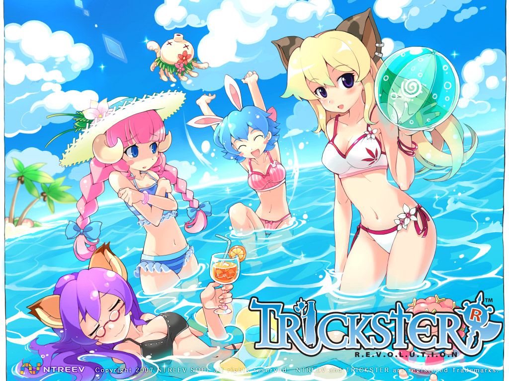 bikini breasts bunnygirl catgirl foxgirl glasses long_hair sheepgirl short_hair swimsuit trickster wallpaper water