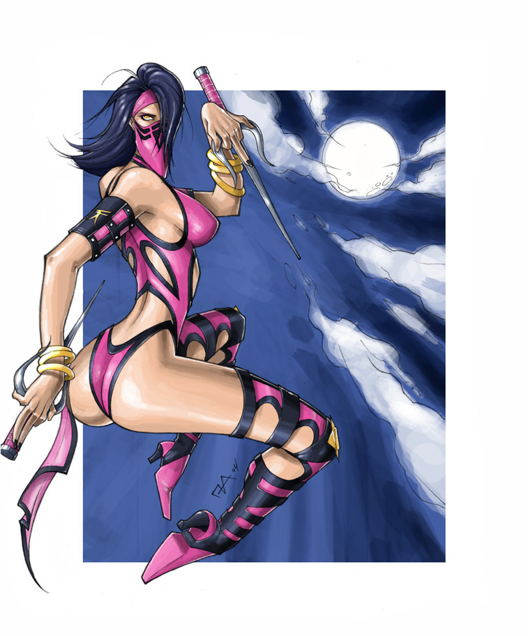 1girl ass bracelet clouds full_moon headband heels long_hair looking_back mask mileena moon mortal_kombat night sai_(weapon) sideboob signature thigh-highs yellow_eyes