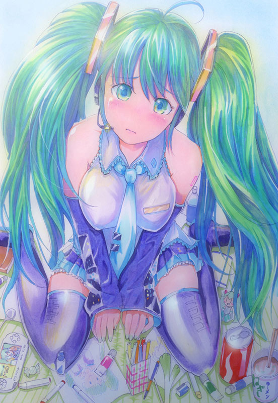 ahoge aqua_eyes aqua_hair bad_id blush can candy colored_pencil detached_sleeves eraser from_above hatsune_miku headphones headset long_hair mayo_riyo mechanical_pencil necktie no_nose pen pencil sitting skirt solo spring_onion tears thigh-highs thighhighs traditional_media twintails very_long_hair vocaloid wooden_pencil zettai_ryouiki