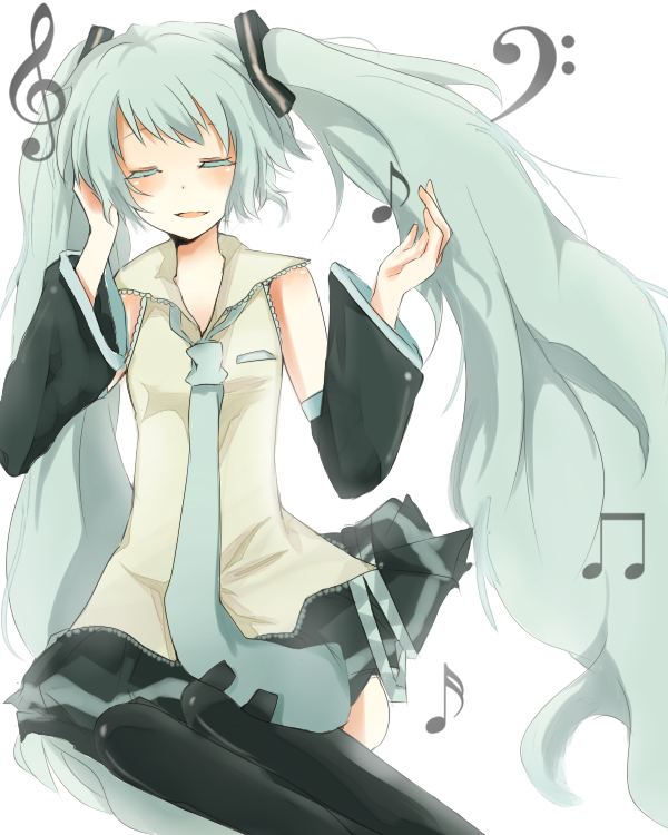 aqua_hair bad_id closed_eyes detached_sleeves hatsune_miku long_hair mono_(recall) musical_note necktie skirt smile solo thigh-highs thighhighs twintails very_long_hair vocaloid
