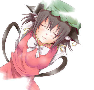 bad_id black_hair blush bowtie cat_ears chen closed_eyes earrings hat jewelry lowres shuga_(soranote) solo touhou