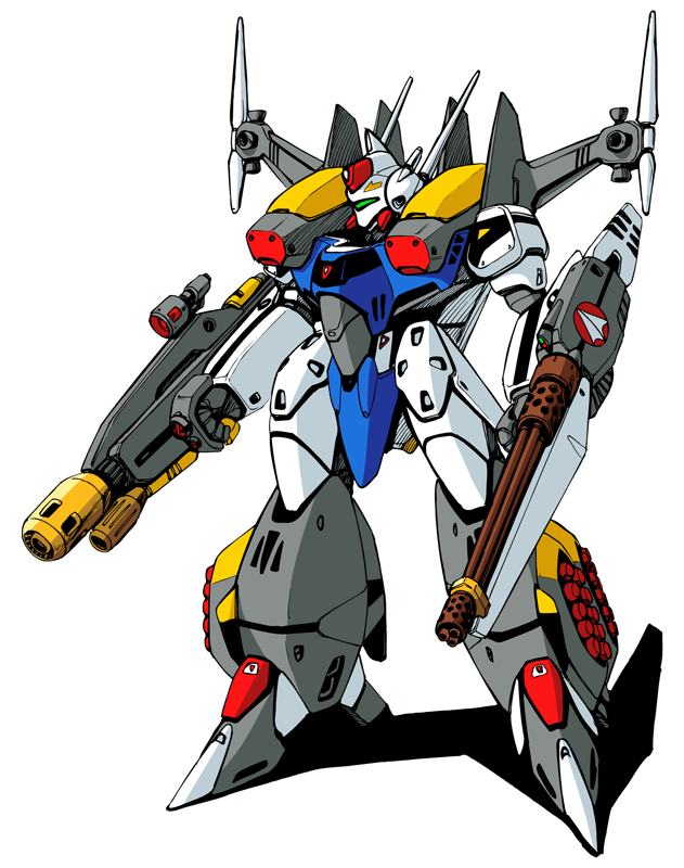 anti-ship cannon choujikuu_yousai_macross gatling_gun gun kawamori_shouji macross macross:_remember_me mecha official_art production_art sdp-1 sdp-1_stampede_valkyrie simple_background solo stampede the_super_dimension_fortress_macross valkyrie vf-1 video_game weapon