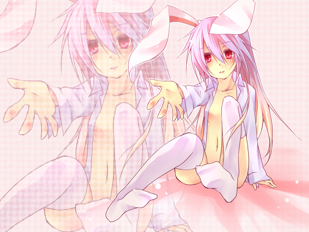 azumikai bad_id bunny_ears long_hair open_clothes open_shirt purple_hair rabbit_ears red_eyes reisen_udongein_inaba shirt solo thigh-highs thighhighs touhou white_legwear zoom_layer
