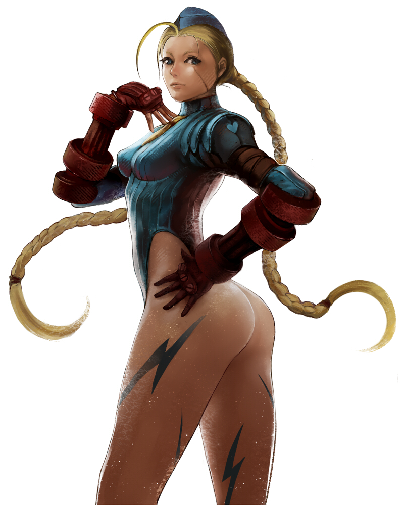 bad_id blonde_hair braid cammy_white capcom fuumi fuumi_(black) garrison_cap hat leotard lipstick long_hair one-piece_thong solo street_fighter twin_braids