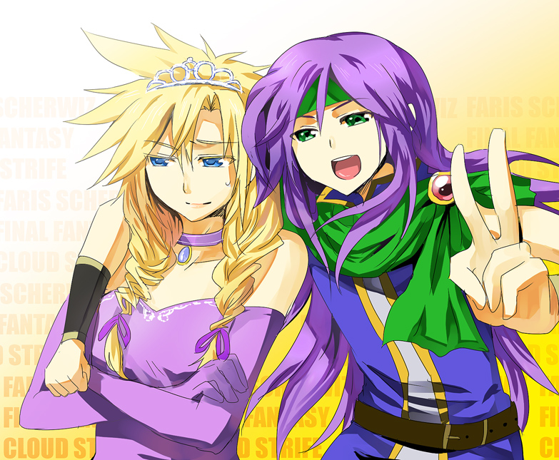 1girl alternate_costume androgynous belt blonde_hair blue_eyes character_name choker cloak cloud_strife crossdressing crossdressinging crossed_arms dress elbow_gloves faris_scherwiz final_fantasy final_fantasy_v final_fantasy_vii gloves green_eyes headband long_hair meru open_mouth purple_hair reverse_trap smile spiky_hair sweatdrop tiara title_drop tomboy trap v