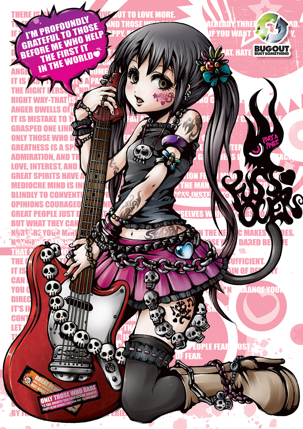boots bracelet brown_eyes cat_tail chain chains english engrish guitar highres instrument jewelry k-on! mustang(guitar) nakano_azusa necklace piercing project.c.k. ranguage ring skirt skull solo tail tattoo thigh-highs thighhighs twintails zettai_ryouiki