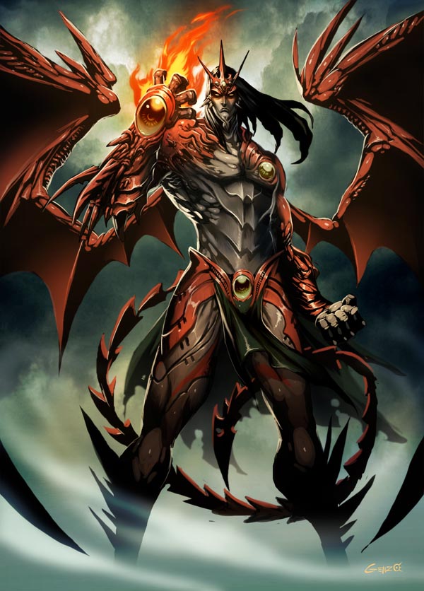 angra_mainyu black_hair commentary demon_wings final_fantasy final_fantasy_x final_fantasy_x-2 fire genzoman loincloth male red_skin solo spikes tail wings yellow_eyes