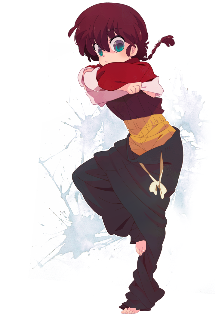 barefoot blue_eyes braid chinese_clothes feet genderswap male_underwear pigtail ranma-chan ranma_1/2 red_hair redhead saotome_ranma undressing