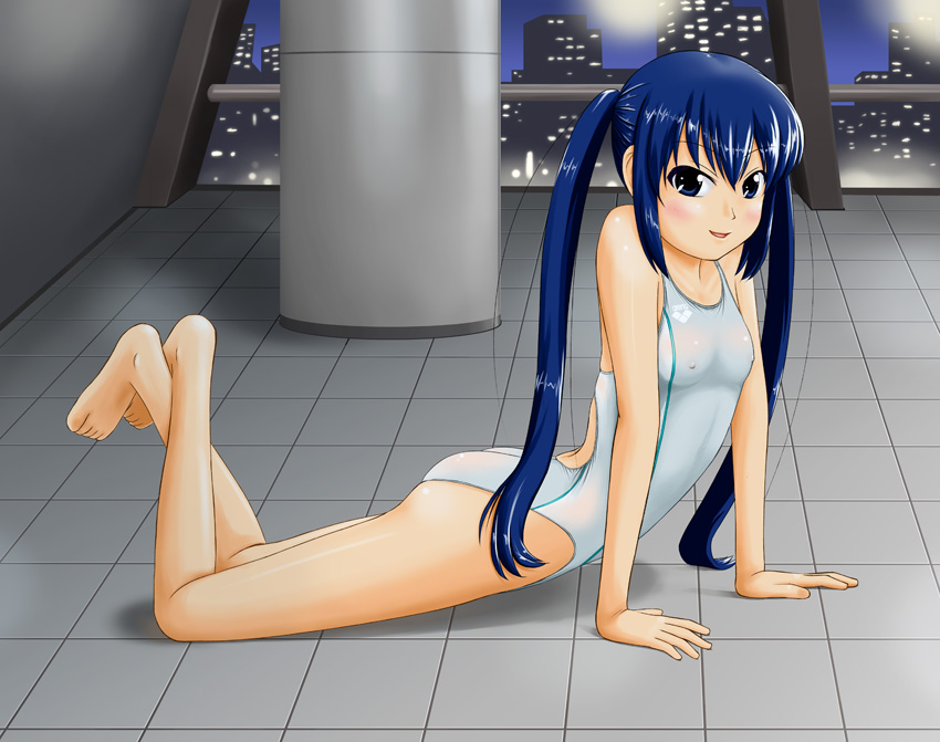 arm_support blue_hair cityscape competition_swimsuit flat_chest long_hair on_stomach one-piece_swimsuit original swimsuit tk4 twintails violet_eyes