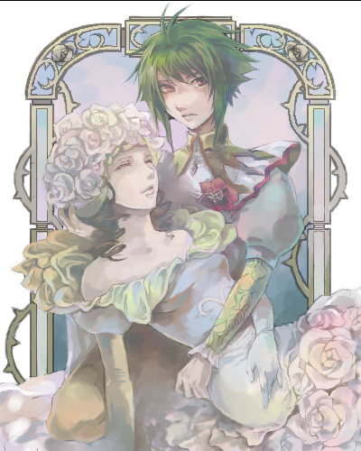 androgynous asellus brown_hair couple dress closed_eyes flower green_hair princess_white_rose red_eyes regulaton saga_frontier short_hair yuri