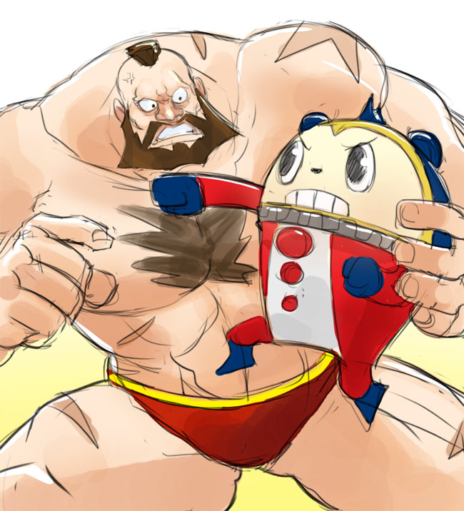 1boy 1other animal atlus beard capcom commentary crossover facial_hair g138 human kuma_(persona_4) megami_tensei mohawk muscle persona persona_4 scar shirtless size_difference street_fighter super_smash_bros. zangief