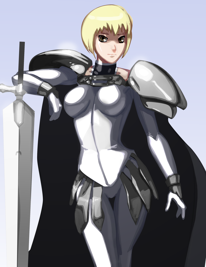1girl armor blonde_hair breastplate breasts brown_eyes cape clare_(claymore) claymore claymore_(sword) faulds gauntlets impossible_armor morganagod pantyhose pauldrons short_twintails solo twintails white_legwear