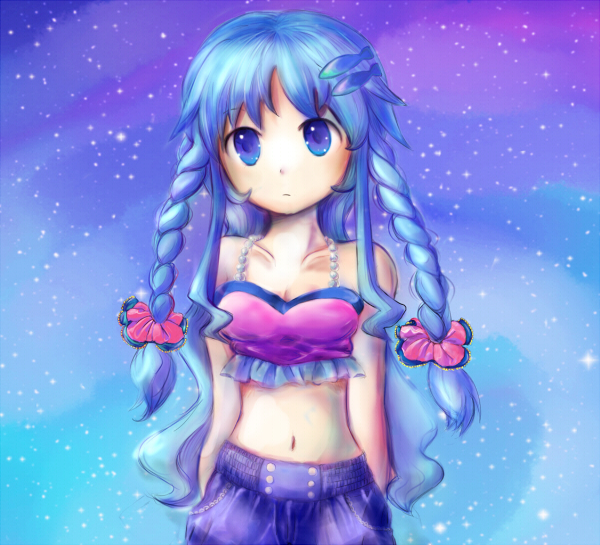 1girl bare_shoulders blue_eyes blue_hair braid collarbone female hair_ornament hairclip hands_in_pockets long_hair midriff navel neptune_(planet) original payot personification planet solo star_(sky) twin_braids wanram wavy_hair