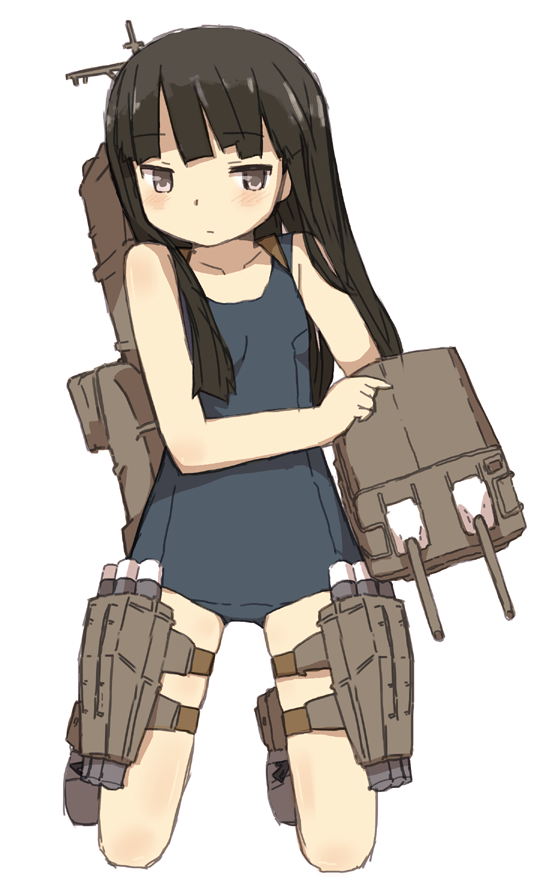 1girl black_hair blue_swimsuit blush brown_eyes cannon collarbone flat_chest hatsuyuki_(kantai_collection) kantai_collection kneeling long_hair machinery mecha_musume school_swimsuit simple_background solo swimsuit white_background zakone