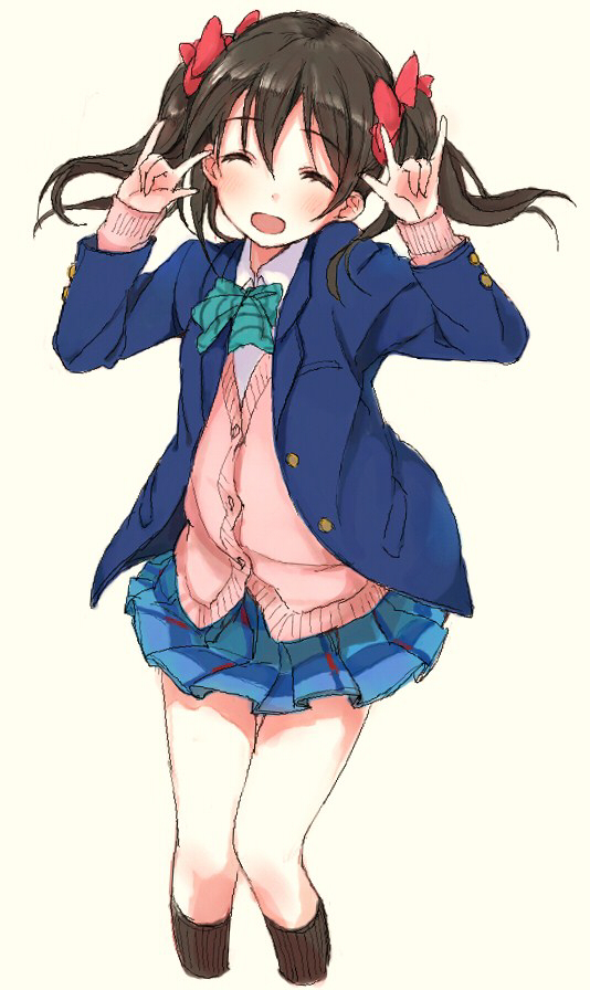 1girl :d \m/ ^_^ blazer blush bow cardigan closed_eyes double_\m/ facing_viewer hair_bow kneehighs love_live!_school_idol_project nico_nico_nii open_clothes open_jacket open_mouth s@ki_kilisawa simple_background skirt smile solo twintails yazawa_nico