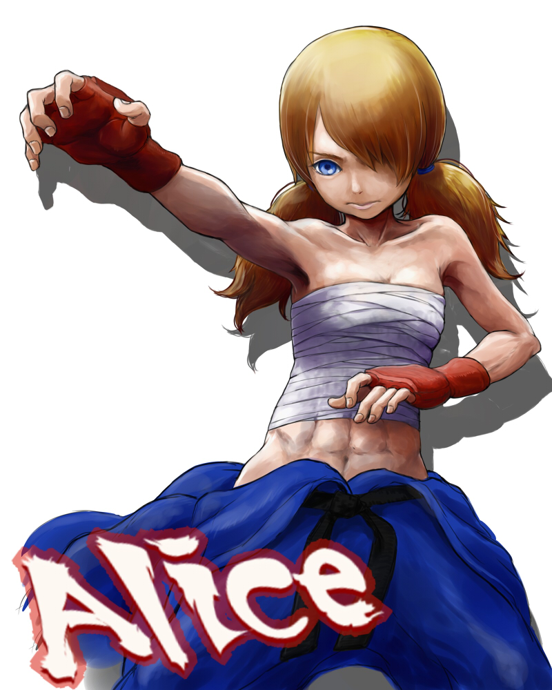 1girl abel abs bare_shoulders blonde_hair blue_eyes character_name clothes_around_waist dougi fighting_stance fingerless_gloves genderswap gloves growl_f hair_over_one_eye long_hair navel sarashi small_breasts solo street_fighter street_fighter_iv twintails