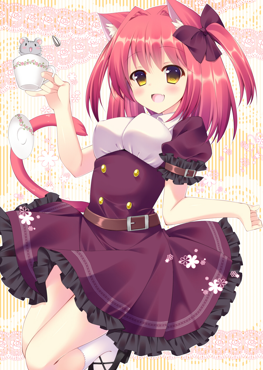 animal_ears bekotarou belt bow cat_ears cat_tail cup dress fang hair_bow hamster highres original redhead saucer seed socks sunflower_seed tail teacup two_side_up yellow_eyes