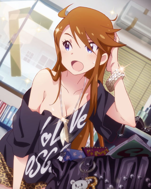 1girl artist_request blue_eyes blush bracelet breasts brown_hair casual clothes_writing idolmaster idolmaster_million_live! jewelry long_hair necklace no_bra off_shoulder official_art solo sparkle t-shirt tokoro_megumi