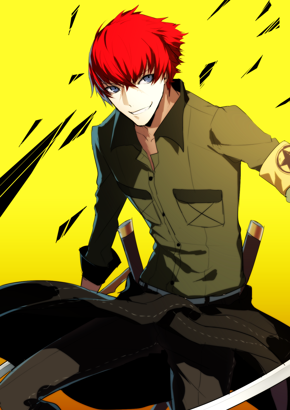 1boy 720yen grey_eyes grin highres minazuki_sho persona persona_4:_the_ultimate_in_mayonaka_arena redhead scar short_hair smile sword weapon yellow_background