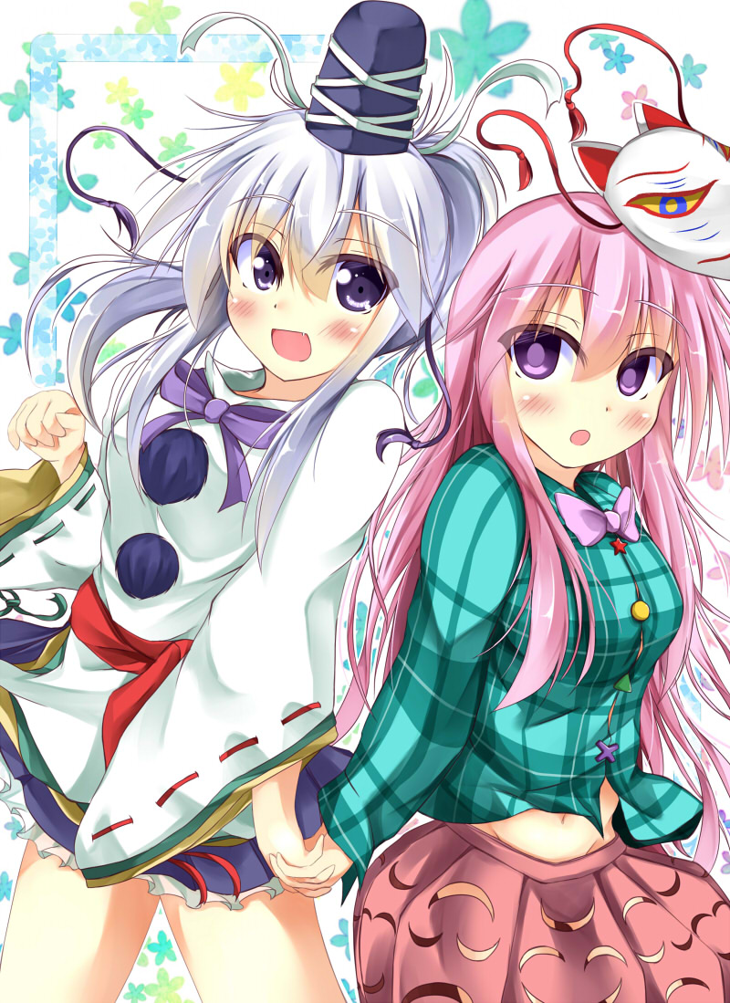 2girls fox_mask hat hata_no_kokoro interlocked_fingers japanese_clothes kuzumomo long_hair mask mononobe_no_futo multiple_girls pink_eyes pink_hair plaid plaid_shirt ponytail smile tate_eboshi touhou