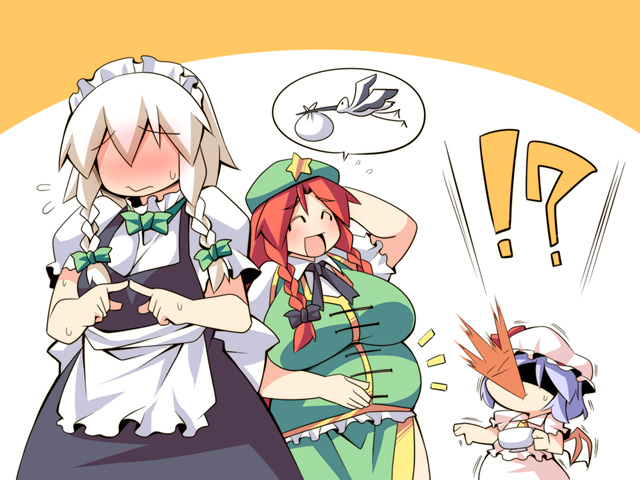 !? bat_wings beret bird blue_hair blush braid breasts cup fingers hands_on_head hat hong_meiling izayoi_sakuya large_breasts long_hair maid maid_apron maid_headdress multiple_girls open_mouth plump pregnant remilia_scarlet short_hair silver_hair smile star stork sweat sweatdrop teacup touhou twin_braids ushi wavy_mouth wings