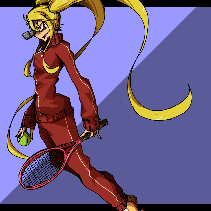 1girl ball blonde_hair breasts cat-ma hakodate_omiko kill_la_kill long_hair pinky_out racket scope sharp_teeth solo tennis_ball tennis_racket track_suit twintails