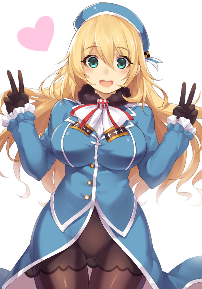 1girl :d atago_(kantai_collection) blonde_hair breasts double_v green_eyes kantai_collection large_breasts long_hair looking_at_viewer open_mouth pantyhose simple_background smile solo suika01 v white_background