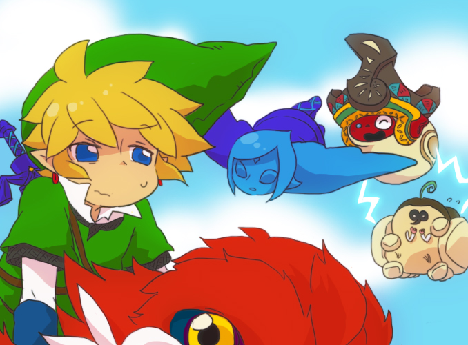 atz6 blonde_hair blue_eyes earrings fi hat jewelry kikwi link loftwing machi nintendo pointy_ears sky skyward_sword sword the_legend_of_zelda weapon