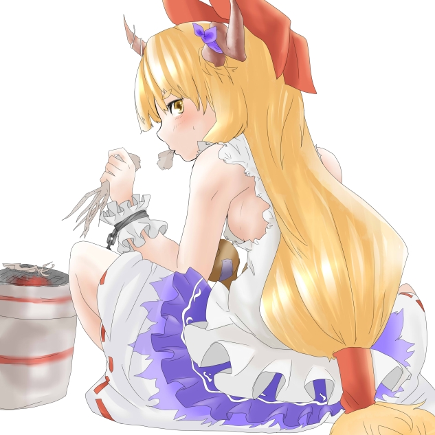 1girl blonde_hair blush bow breasts eating gourd grill grilling hair_bow horn_ribbon horns ibuki_suika long_hair looking_at_viewer looking_back low-tied_long_hair ribbon shirt sideboob simple_background sitting skirt sleeveless sleeveless_shirt small_breasts solo somsom squid touhou turning very_long_hair white_background wrist_cuffs yellow_eyes