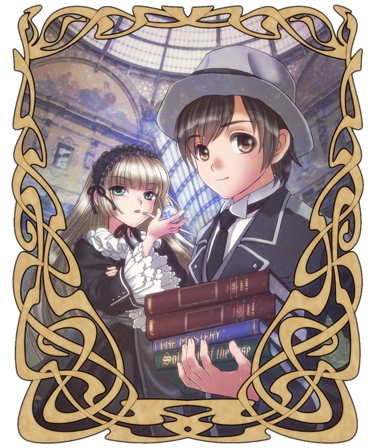 1boy 1girl blonde_hair book brown_hair carrying elaborate_frame formal frame gosick gothic_lolita hairband hat hime_cut kujou_kazuya lolita_fashion lolita_hairband necktie painting pipe school_uniform victorica_de_blois wide_sleeves xuexue_yue_hua