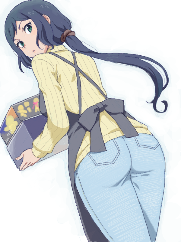 1girl apron ass box drawr from_behind gundam gundam_build_fighters holding iori_rinko jeans looking_back low_ponytail mattaku_mousuke parted_lips ribbed_sweater solo sweater turtleneck