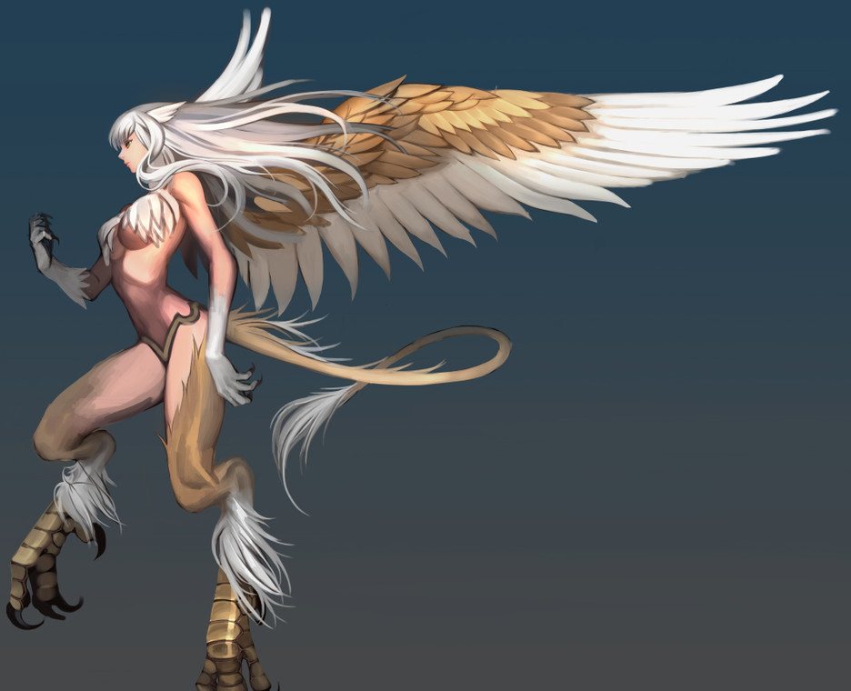 1girl breasts brown_eyes feathered_wings fingernails griffin head_wings long_hair long_tail monster_girl original personification sharp_fingernails solo tail talons tyutii under_boob white_hair