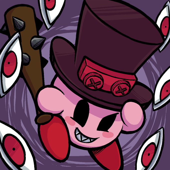 blush_stickers club crossover gias-ex-machella grin hat kirby kirby_(series) no_humans peacock_(skullgirls) peacock_(skullgirls)_(cosplay) red_eyes sharp_teeth smile solo spiked_bat spiked_club top_hat weapon